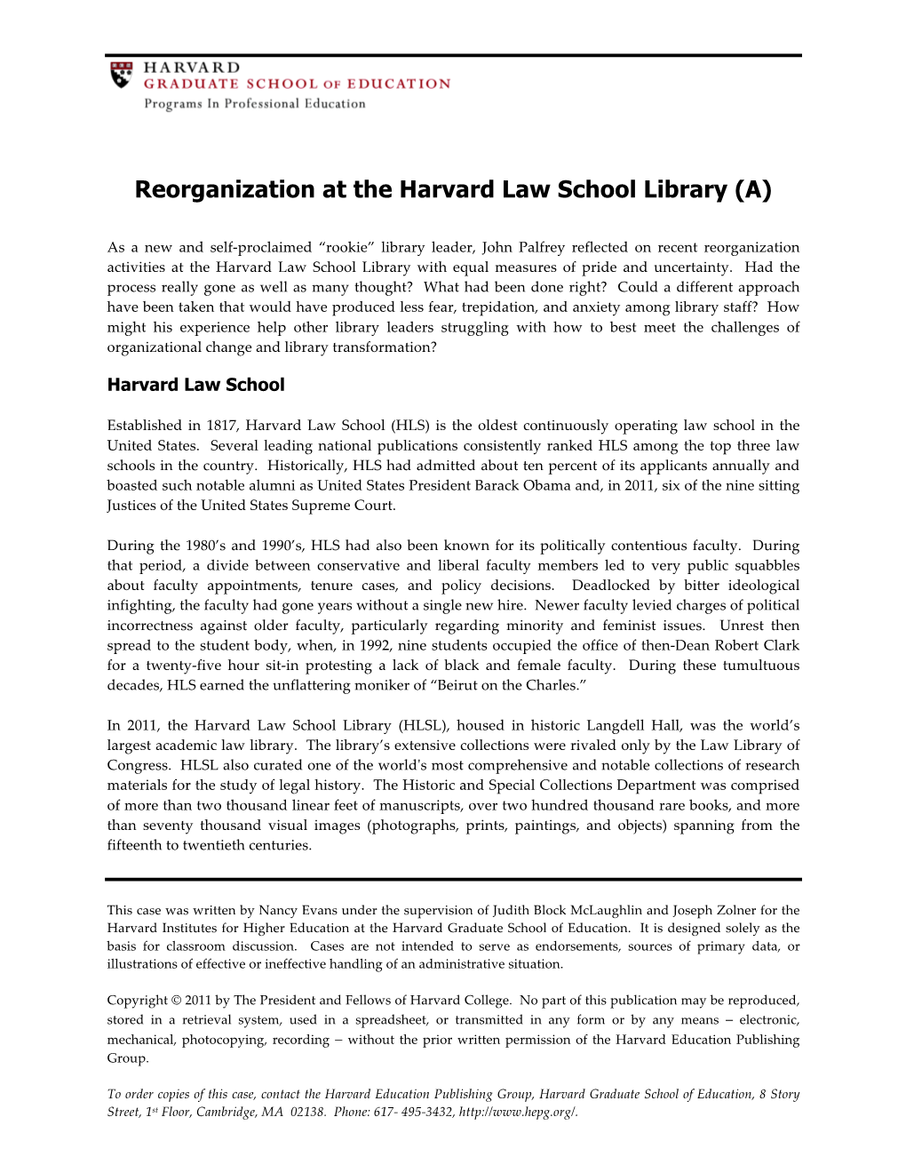 Reorganization at the Harvard Law School Library (A)