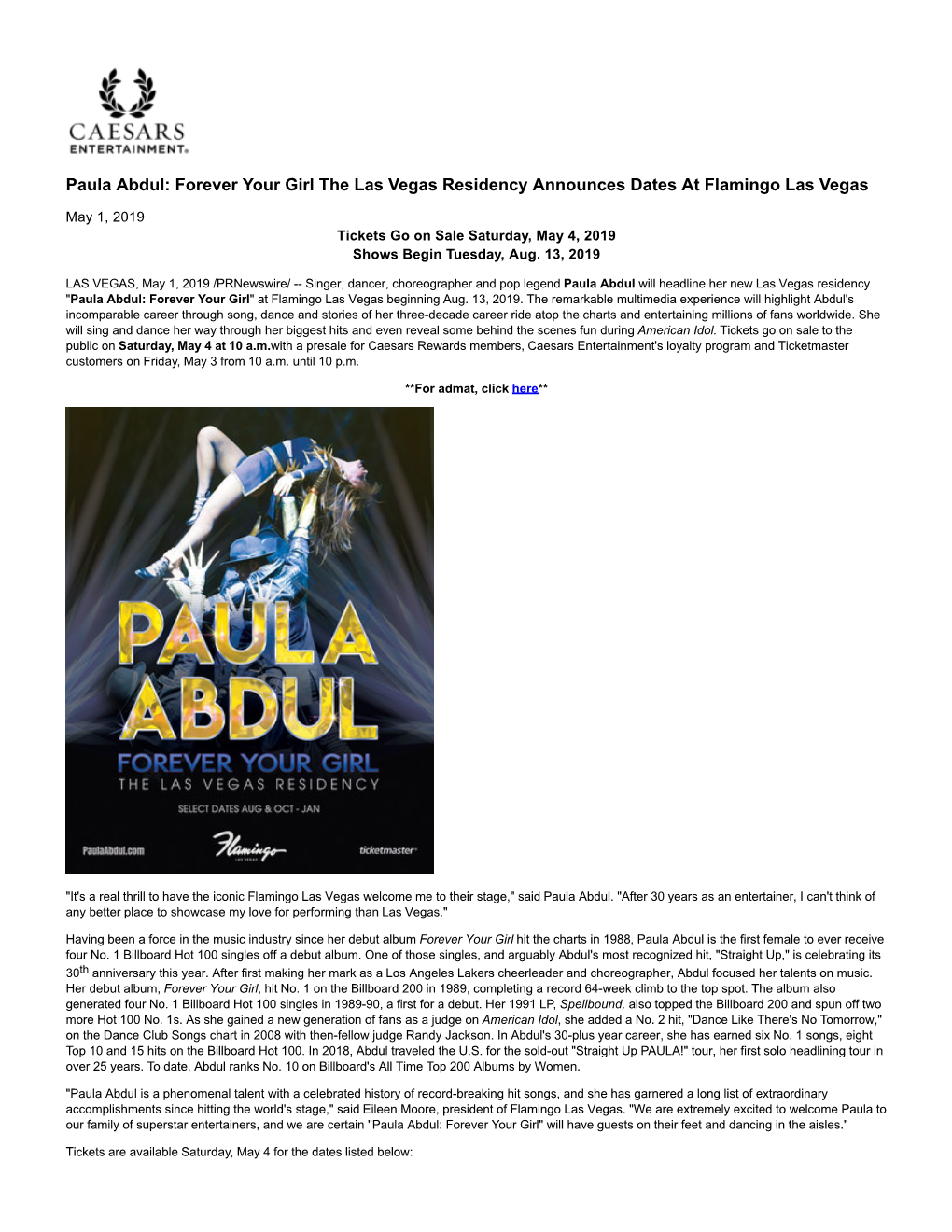 Paula Abdul: Forever Your Girl the Las Vegas Residency Announces Dates at Flamingo Las Vegas