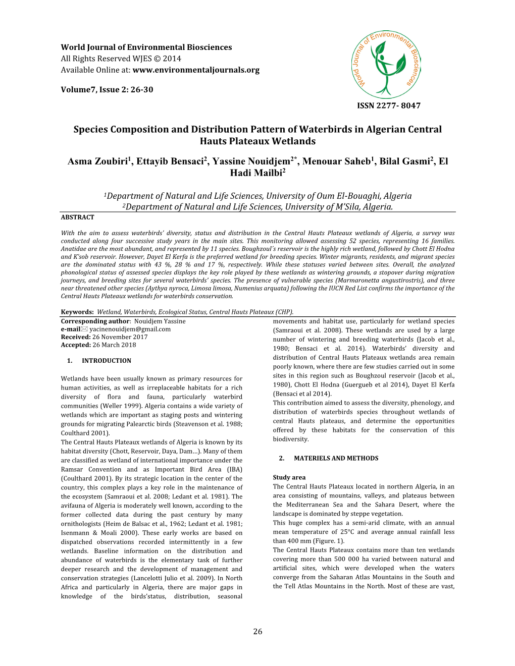 Species Composition and Distribution Pattern of Waterbirds in Algerian Central Hauts Plateaux Wetlands