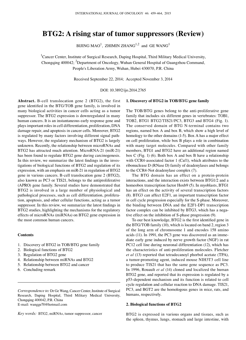 BTG2: a Rising Star of Tumor Suppressors (Review)