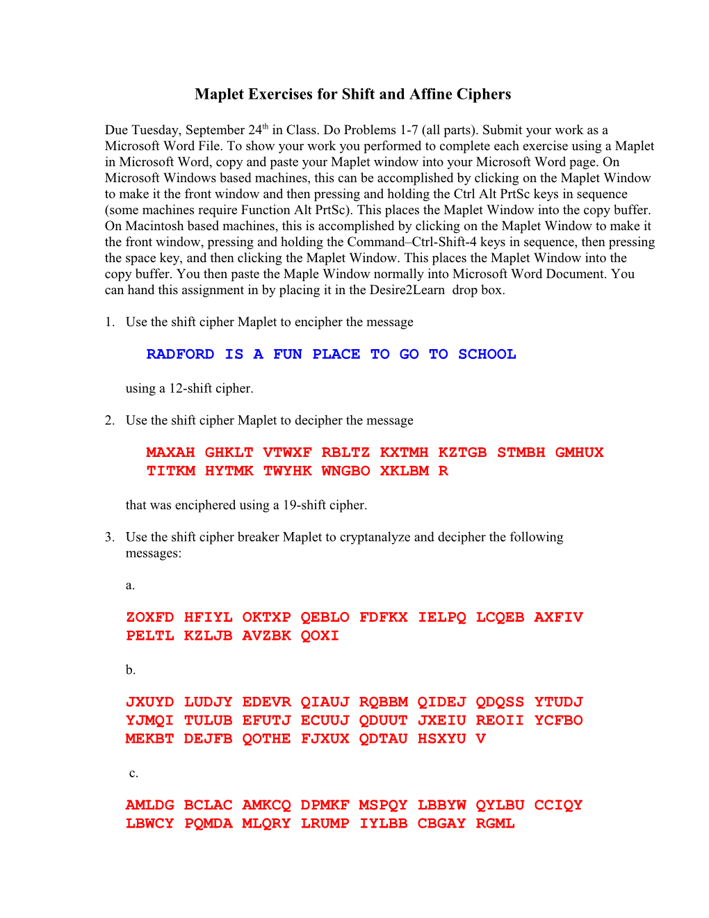 Maple Assignment Problems for Shift Ciphers (Section 2