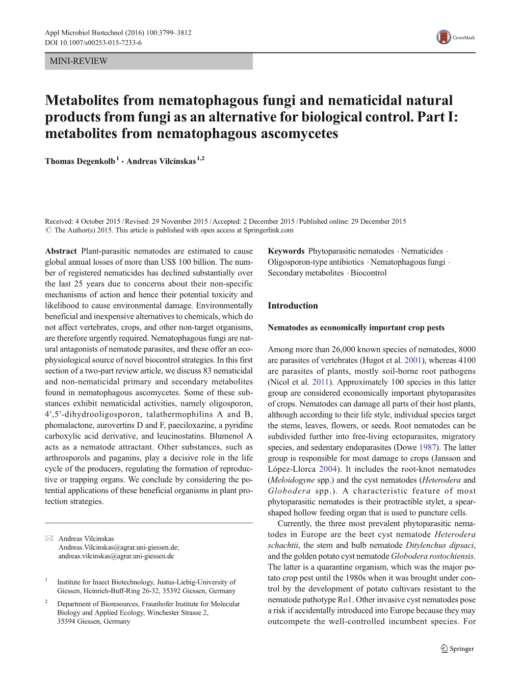 Metabolites from Nematophagous Fungi and Nematicidal Natural Products from Fungi As an Alternative for Biological Control