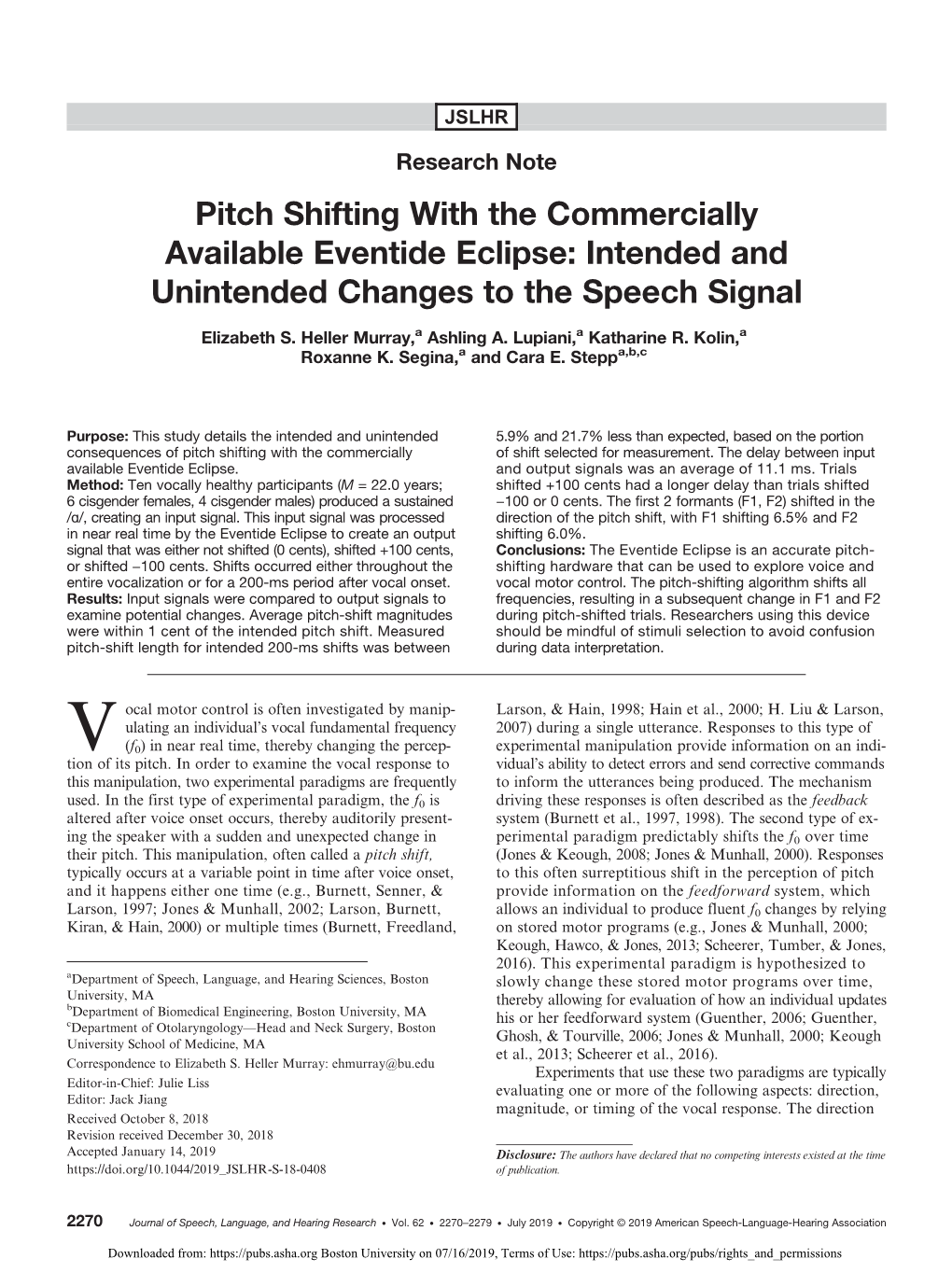 Pitch Shifting with the Commercially Available Eventide Eclipse: Intended and Unintended Changes to the Speech Signal