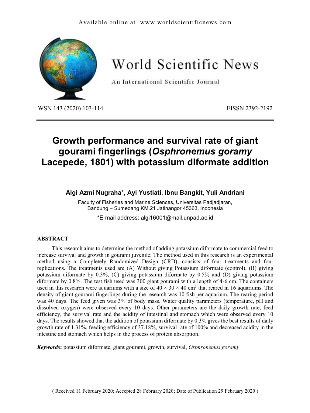 Growth Performance and Survival Rate of Giant Gourami Fingerlings (Osphronemus Goramy Lacepede, 1801) with Potassium Diformate Addition
