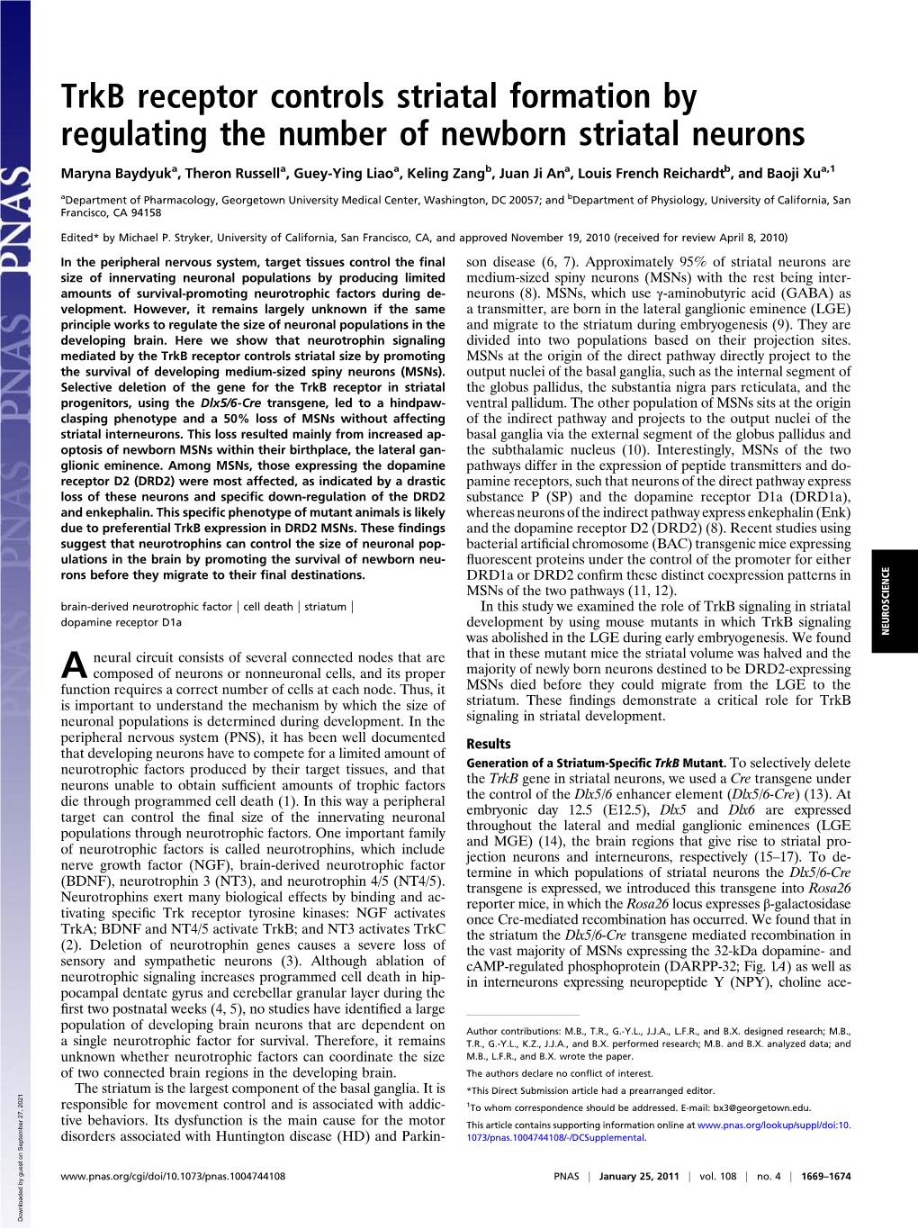 Trkb Receptor Controls Striatal Formation by Regulating the Number of Newborn Striatal Neurons