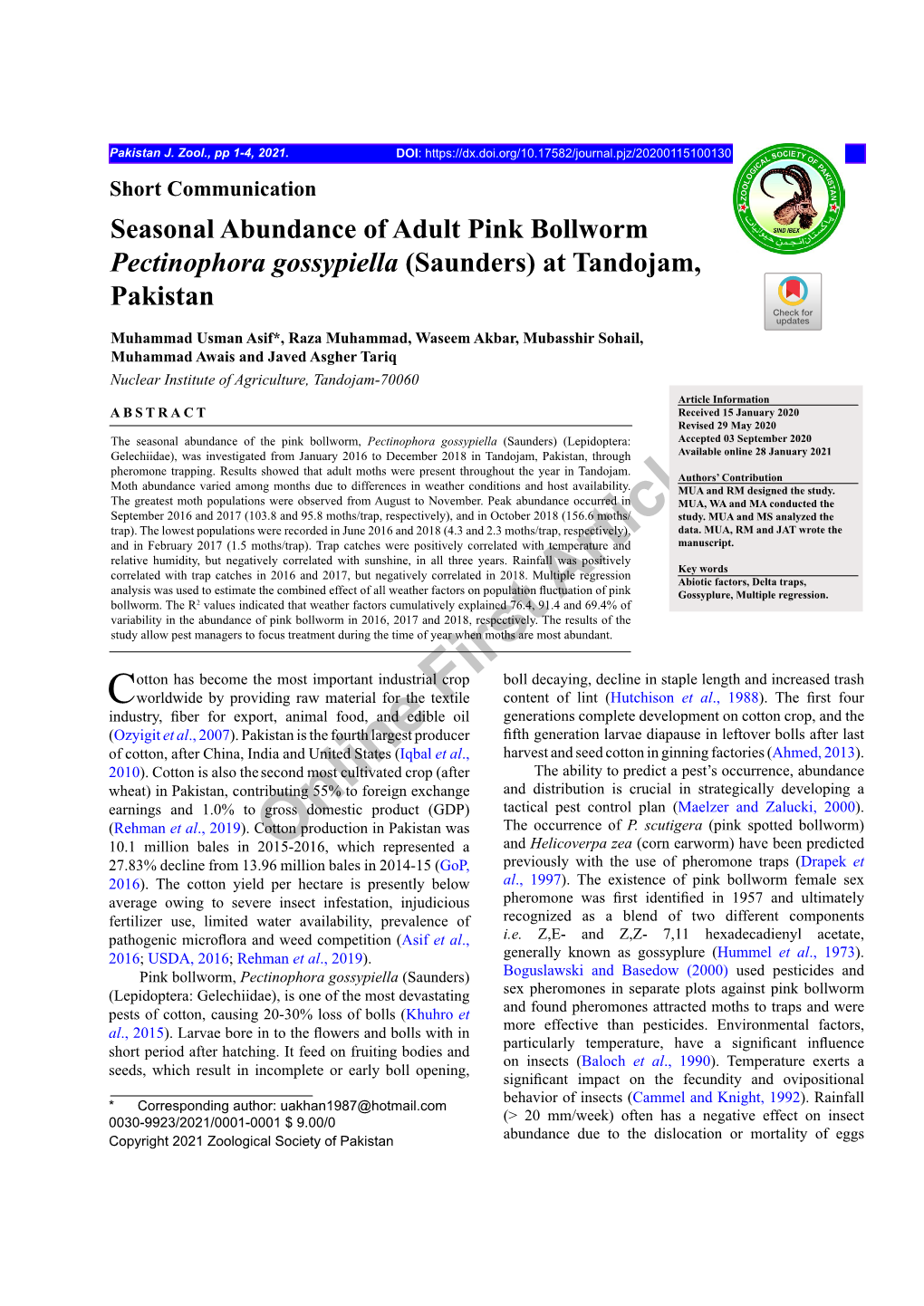 Seasonal Abundance of Adult Pink Bollworm Pectinophora Gossypiella (Saunders) at Tandojam, Pakistan