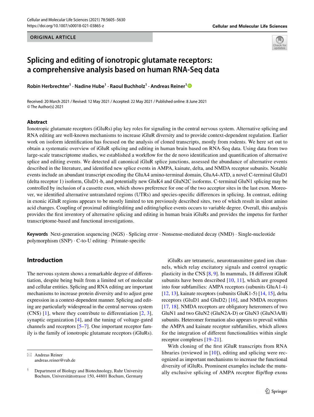 Splicing and Editing of Ionotropic Glutamate Receptors: a Comprehensive Analysis Based on Human RNA‑Seq Data