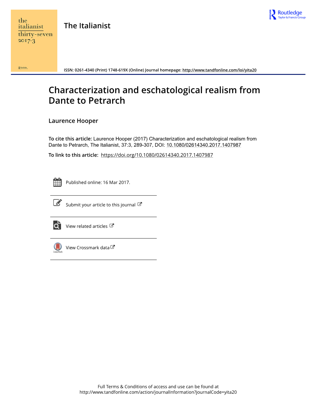 Characterization and Eschatological Realism from Dante to Petrarch