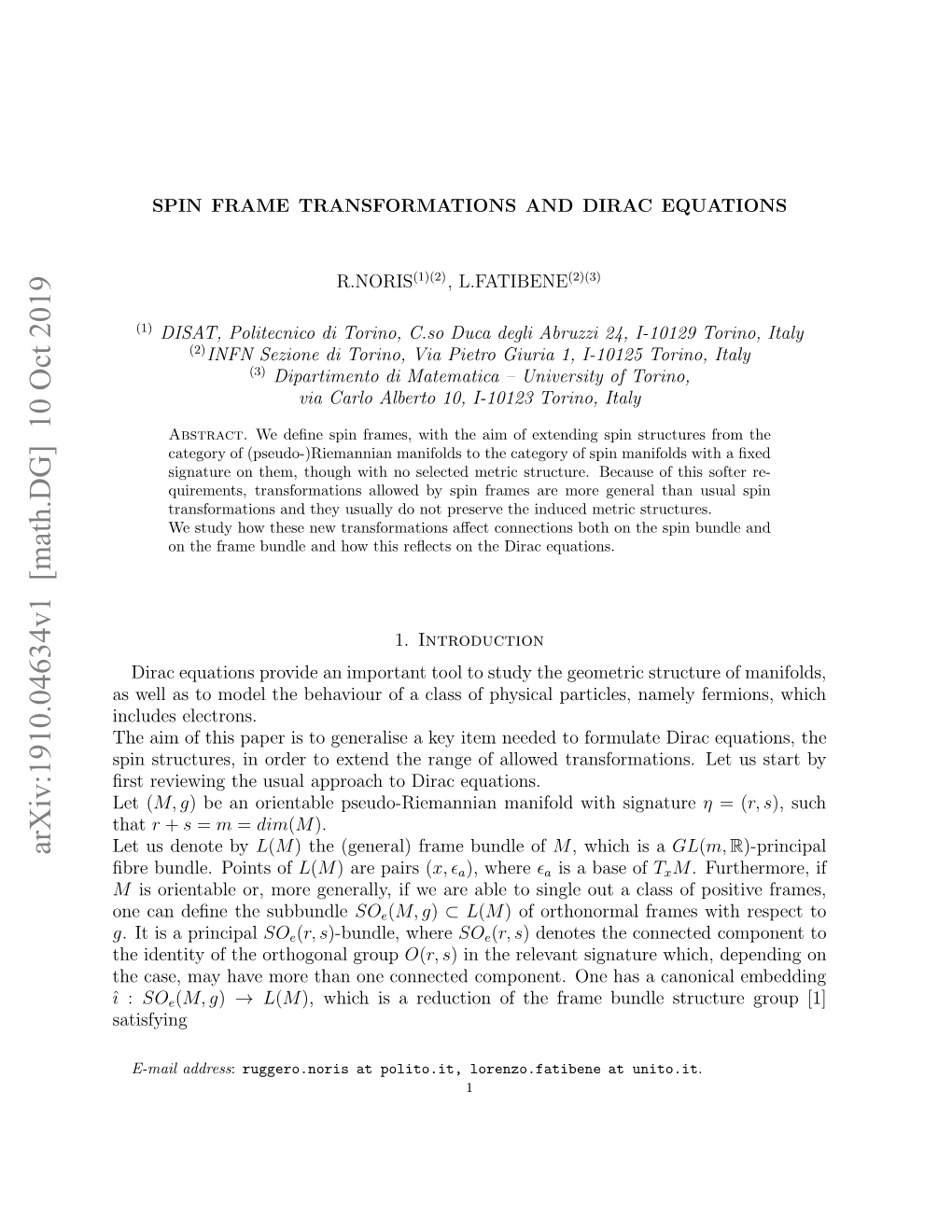 Arxiv:1910.04634V1 [Math.DG] 10 Oct 2019 ˆ That E Sdnt by Denote Us Let N a En H Subbundle the Deﬁne Can One of Points Bundle