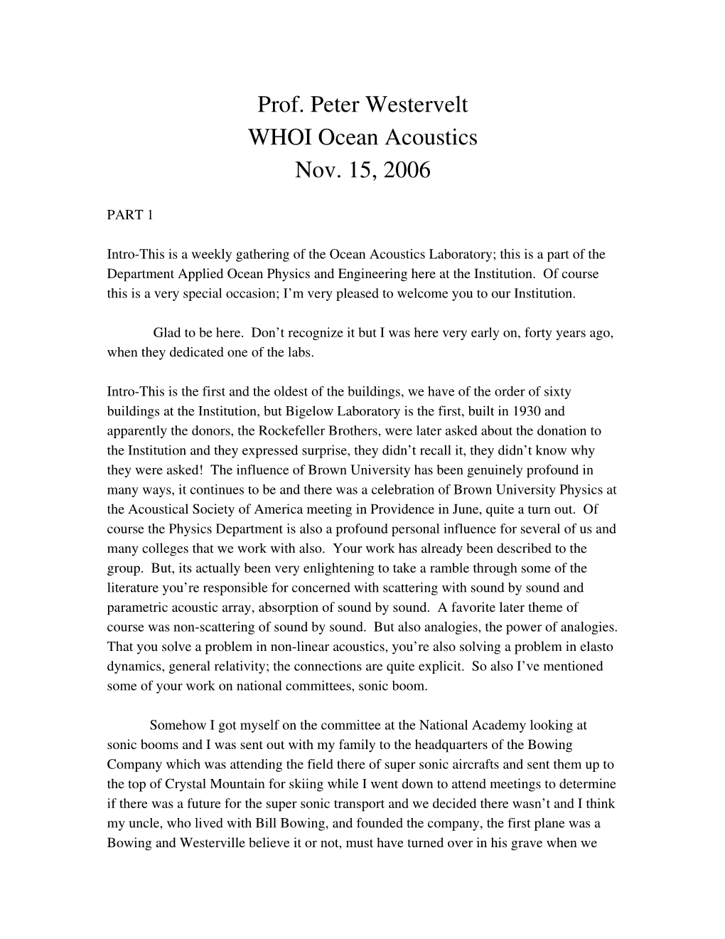 Prof. Peter Westervelt WHOI Ocean Acoustics Nov. 15, 2006