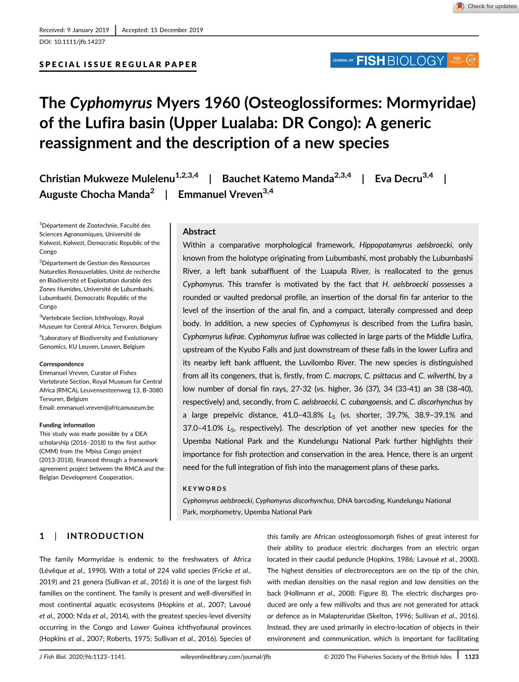 The Cyphomyrus Myers 1960 (Osteoglossiformes: Mormyridae) of the Lufira Basin (Upper Lualaba: DR Congo): a Generic Reassignment and the Description of a New Species