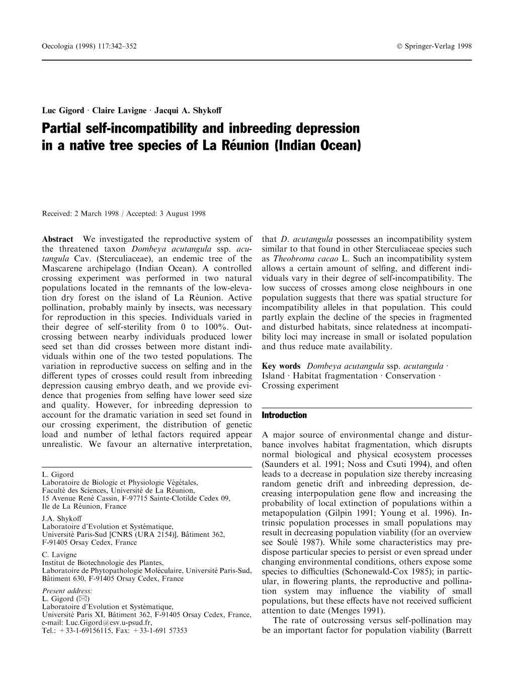 Partial Self-Incompatibility and Inbreeding Depression in a Native Tree Species of La Reâunion (Indian Ocean)