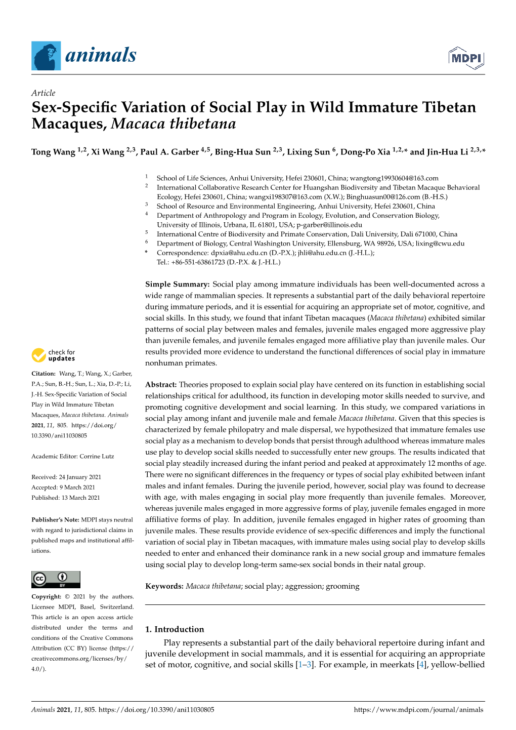 Sex-Specific Variation of Social Play in Wild Immature Tibetan Macaques