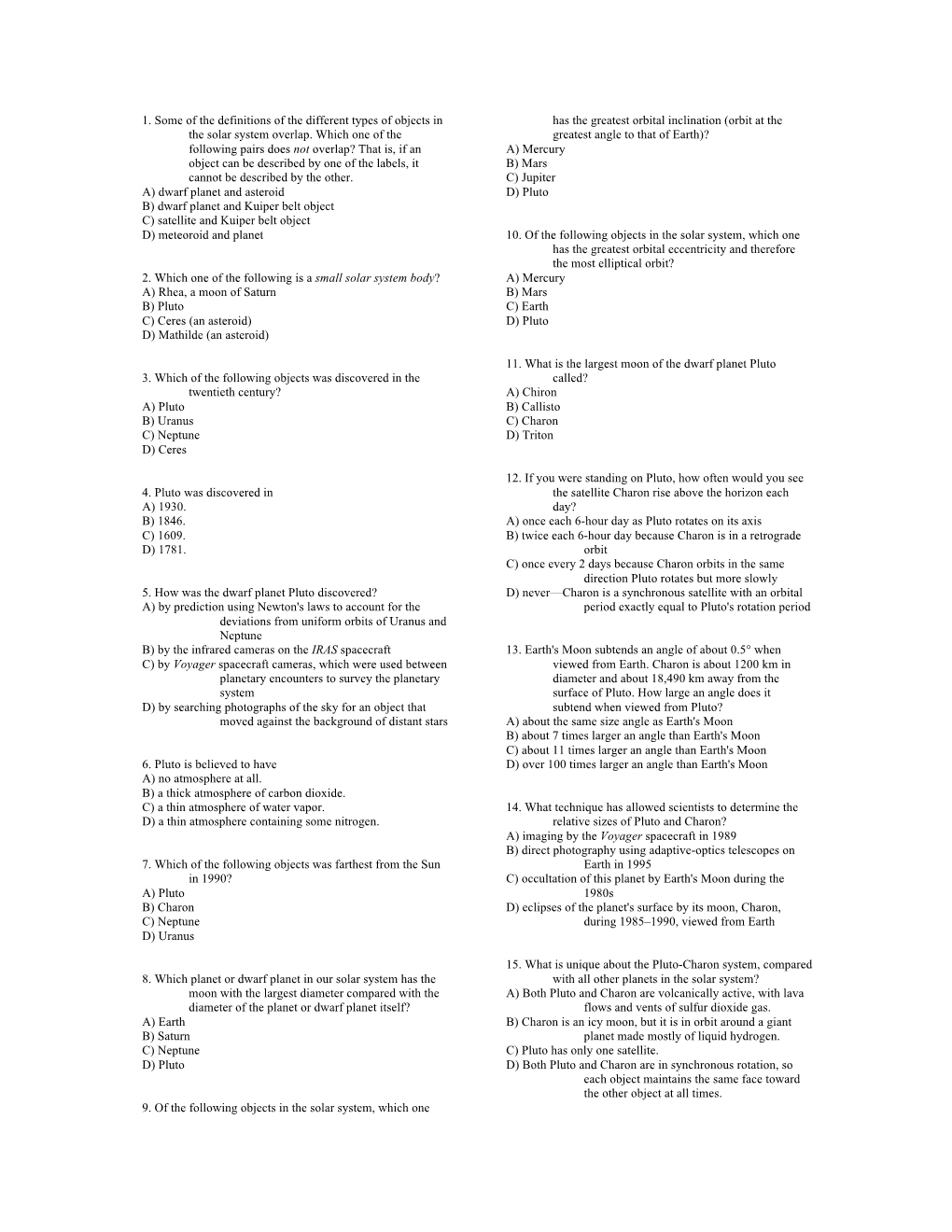 1. Some of the Definitions of the Different Types of Objects in the Solar