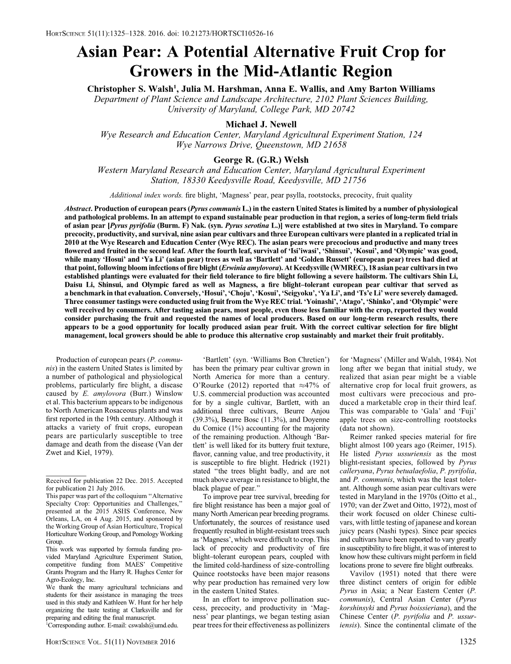 Asian Pear: a Potential Alternative Fruit Crop for Growers in the Mid-Atlantic Region Christopher S