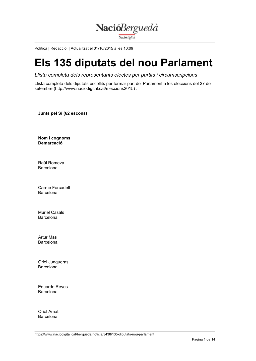 Els 135 Diputats Del Nou Parlament