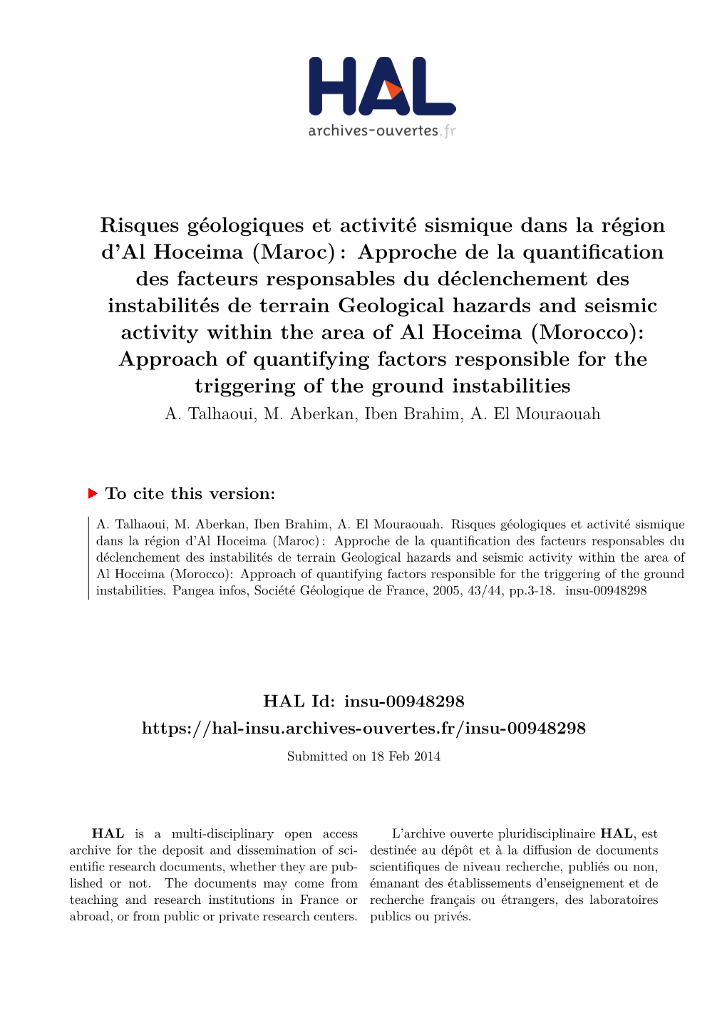 Risques Géologiques Et Activité Sismique Dans La Région D'al Hoceima