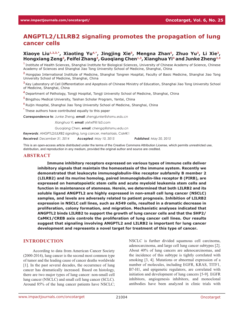 ANGPTL2/LILRB2 Signaling Promotes the Propagation of Lung Cancer Cells