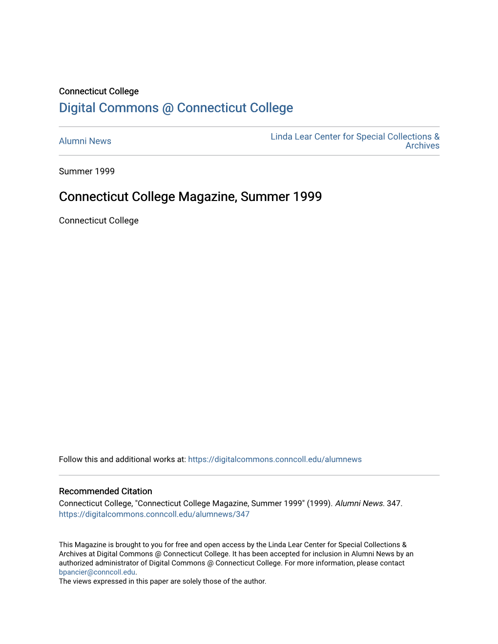 Connecticut College Magazine, Summer 1999