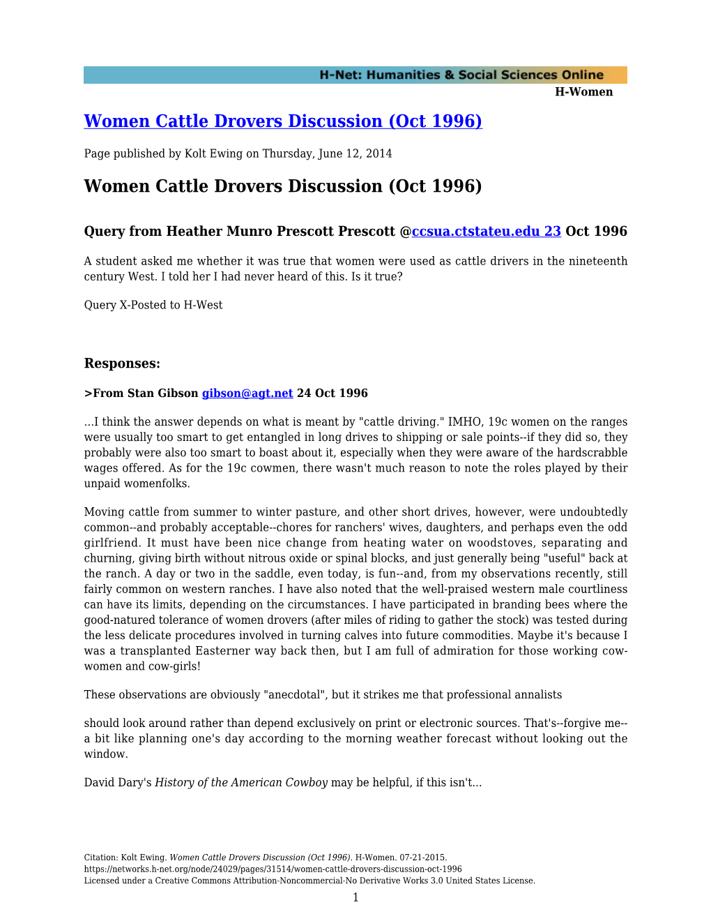 Women Cattle Drovers Discussion (Oct 1996)