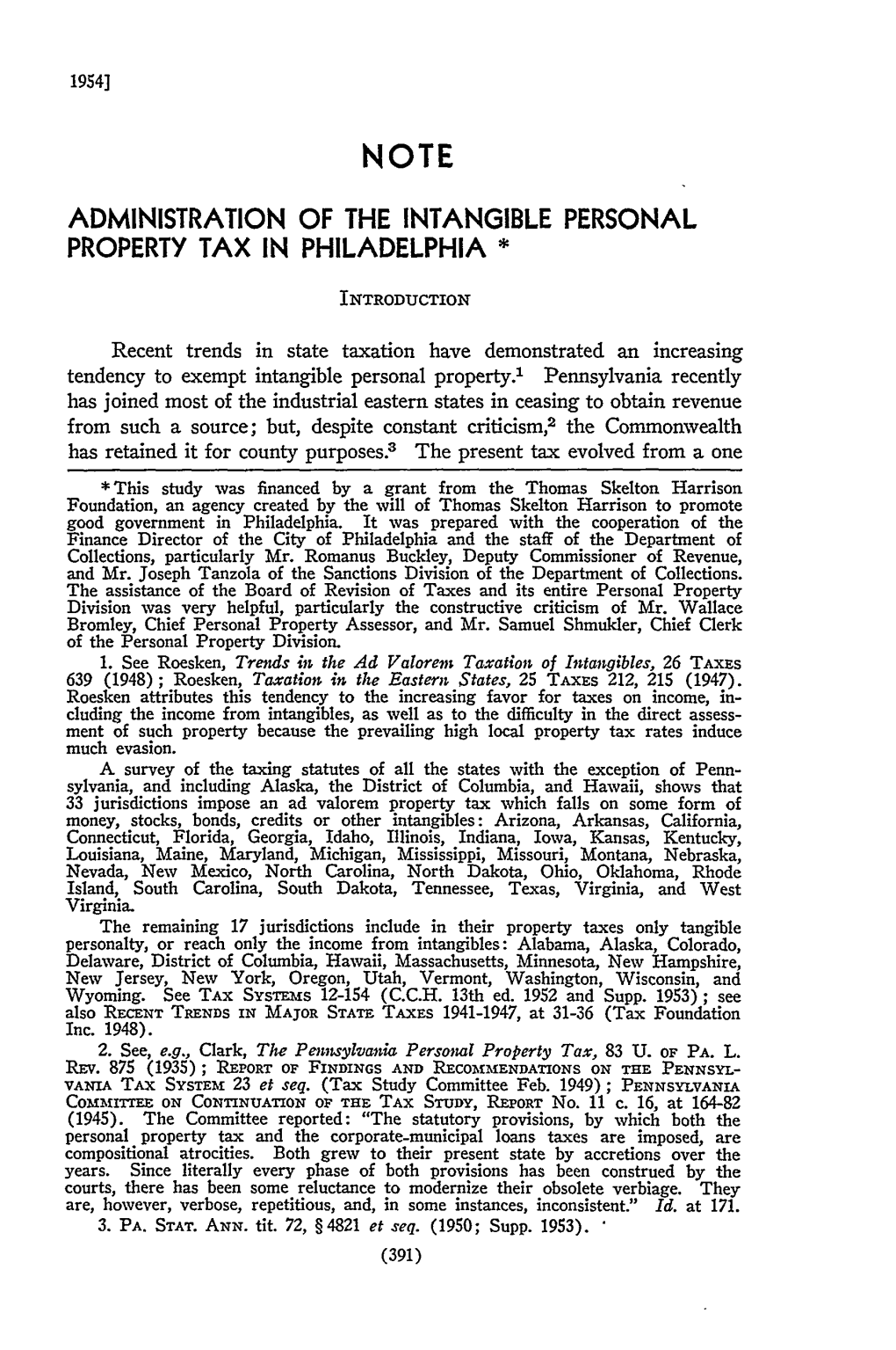 Administration of the Intangible Personal Property Tax in Philadelphia *