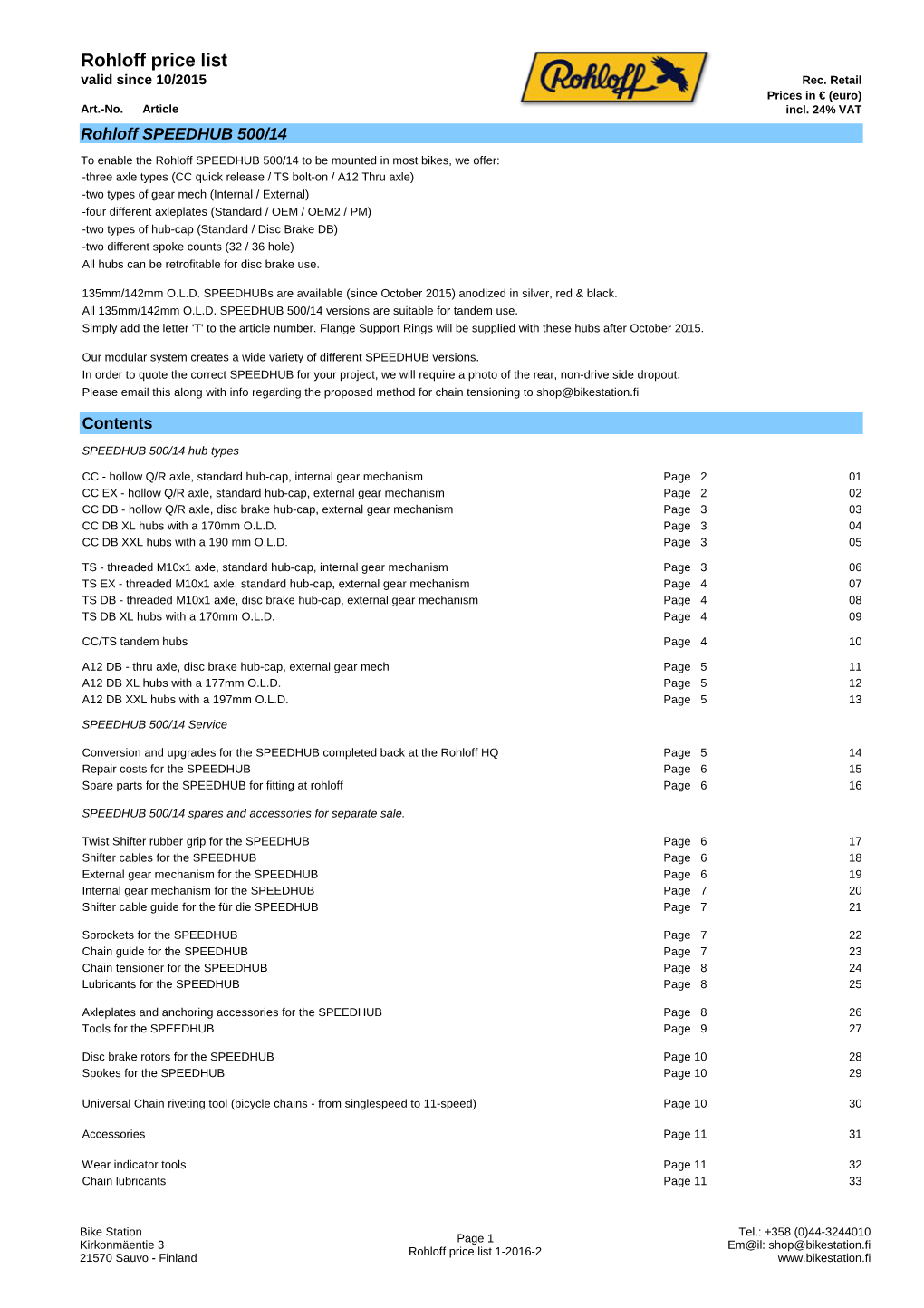 Rohloff Price List Valid Since 10/2015 Rec