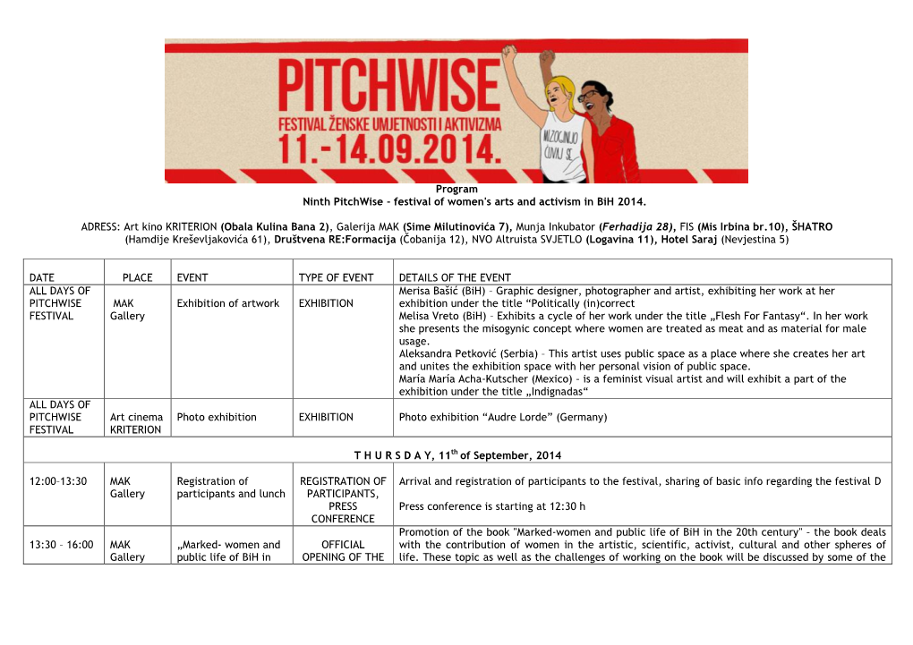 Program Ninth Pitchwise - Festival of Women's Arts and Activism in Bih 2014