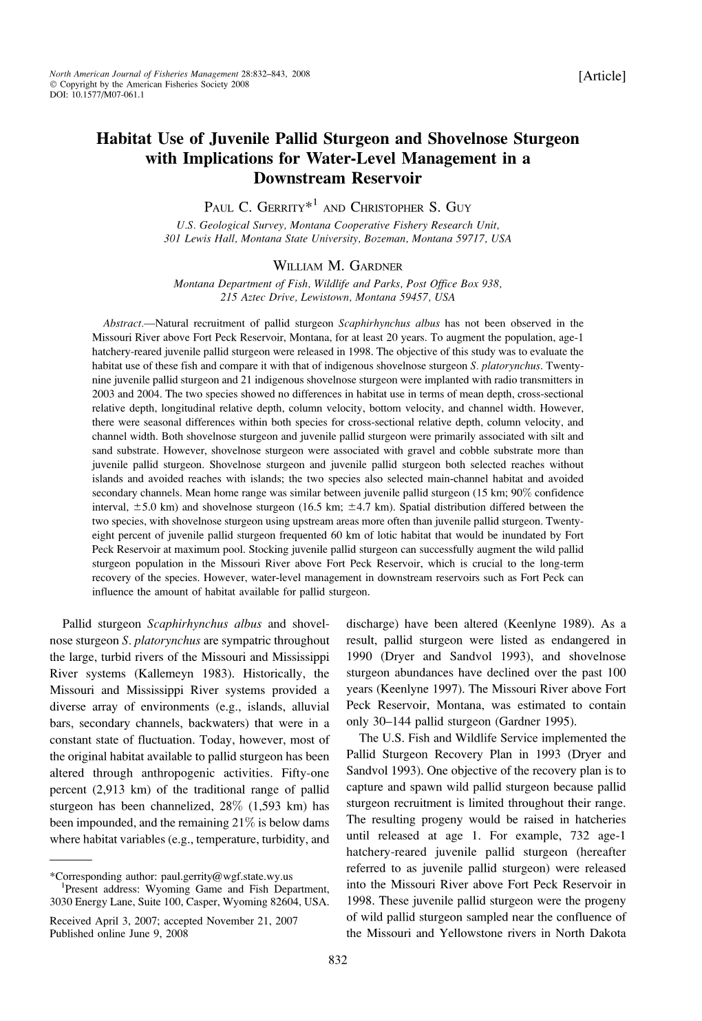 Habitat Use of Juvenile Pallid Sturgeon and Shovelnose Sturgeon with Implications for Water-Level Management in a Downstream Reservoir