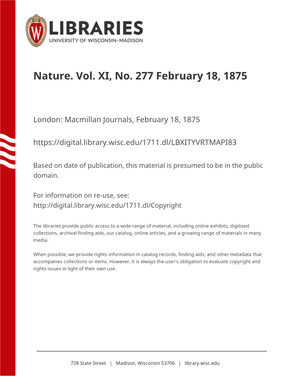 Nature. Vol. XI, No. 277 February 18, 1875