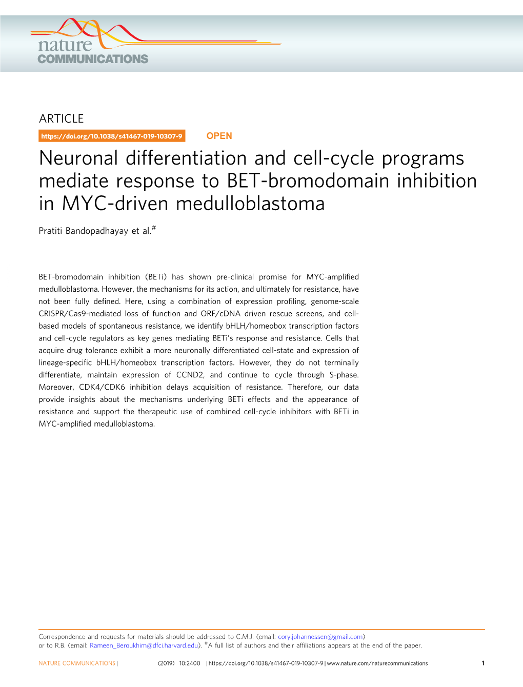 Neuronal Differentiation and Cell-Cycle Programs Mediate Response to BET-Bromodomain Inhibition in MYC-Driven Medulloblastoma