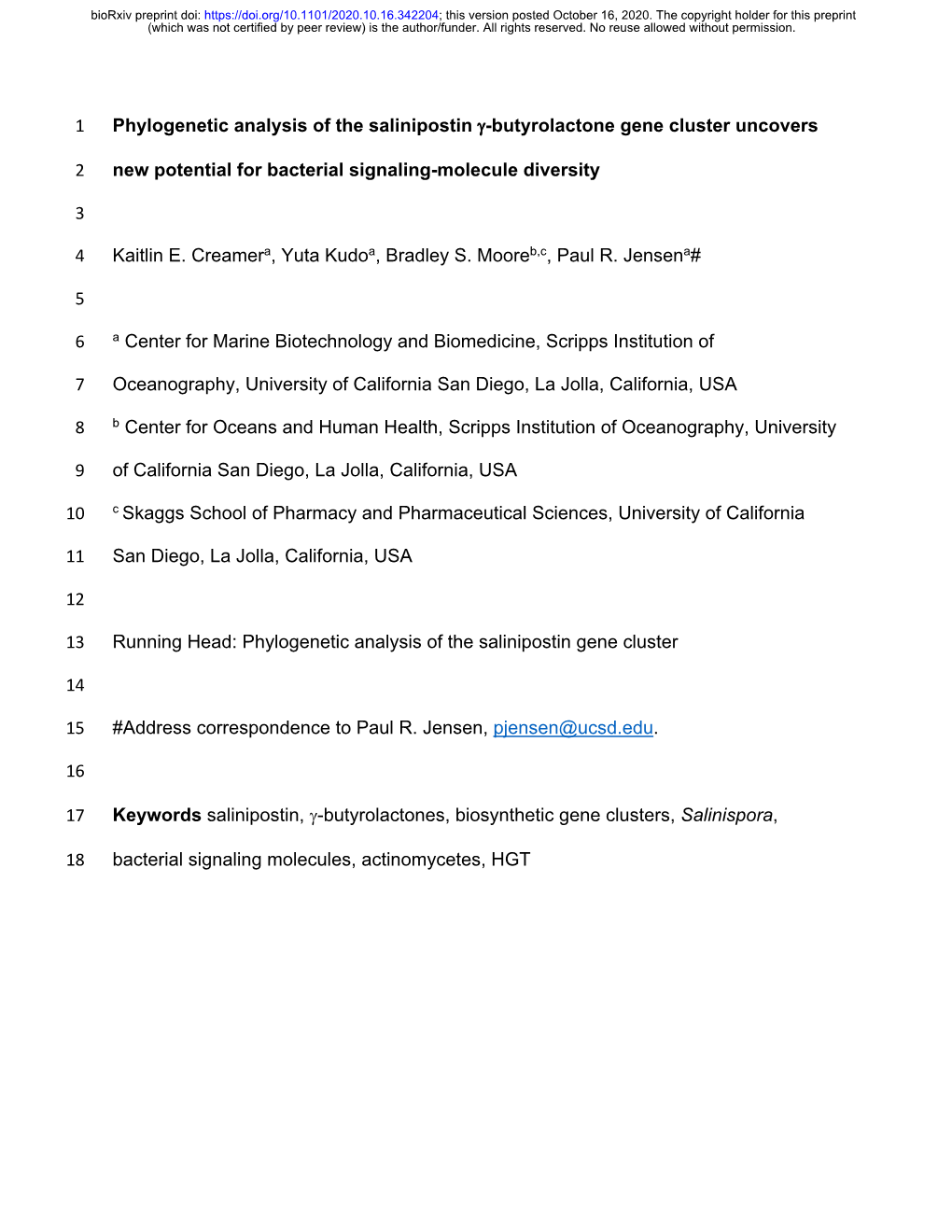 Phylogenetic Analysis of the Salinipostin Γ-Butyrolactone Gene