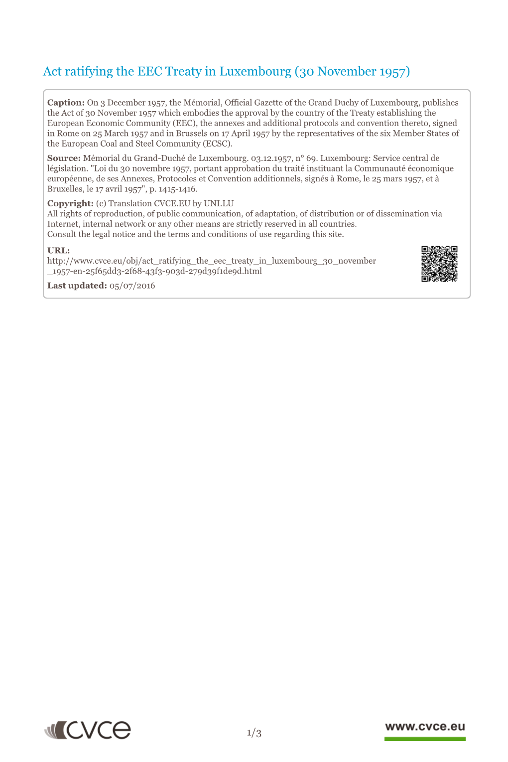 Act Ratifying the EEC Treaty in Luxembourg (30 November 1957)