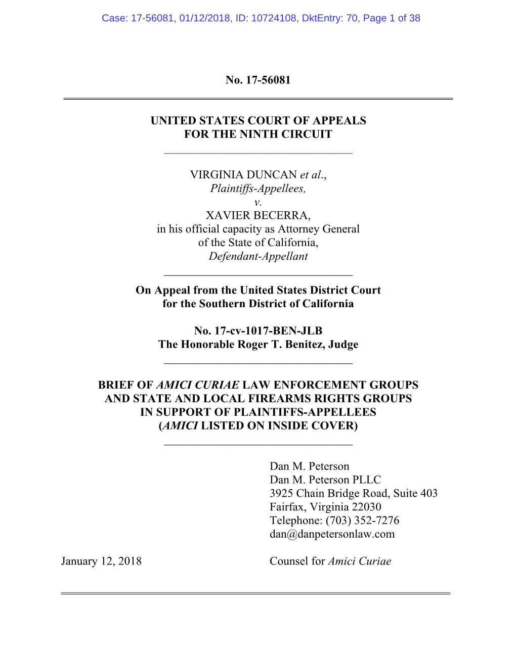 Brief of Amici Curiae Law Enforcement Groups and State and Local Firearms Rights Groups in Support of Plaintiffs-Appellees (Amici Listed on Inside Cover) ______