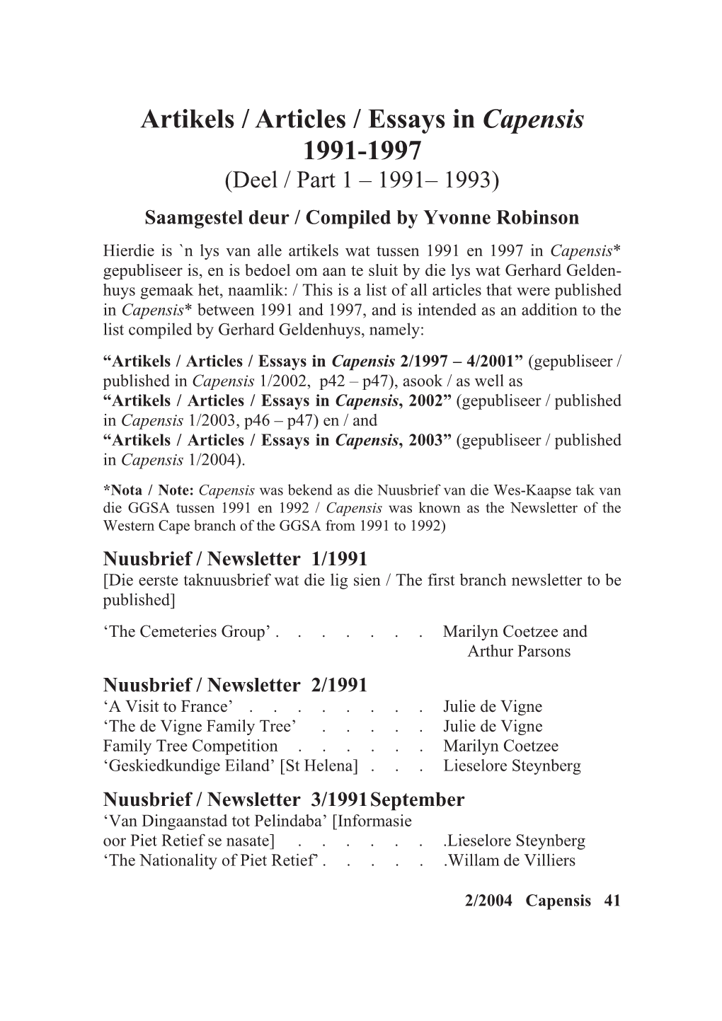 Artikels in Capensis 1991