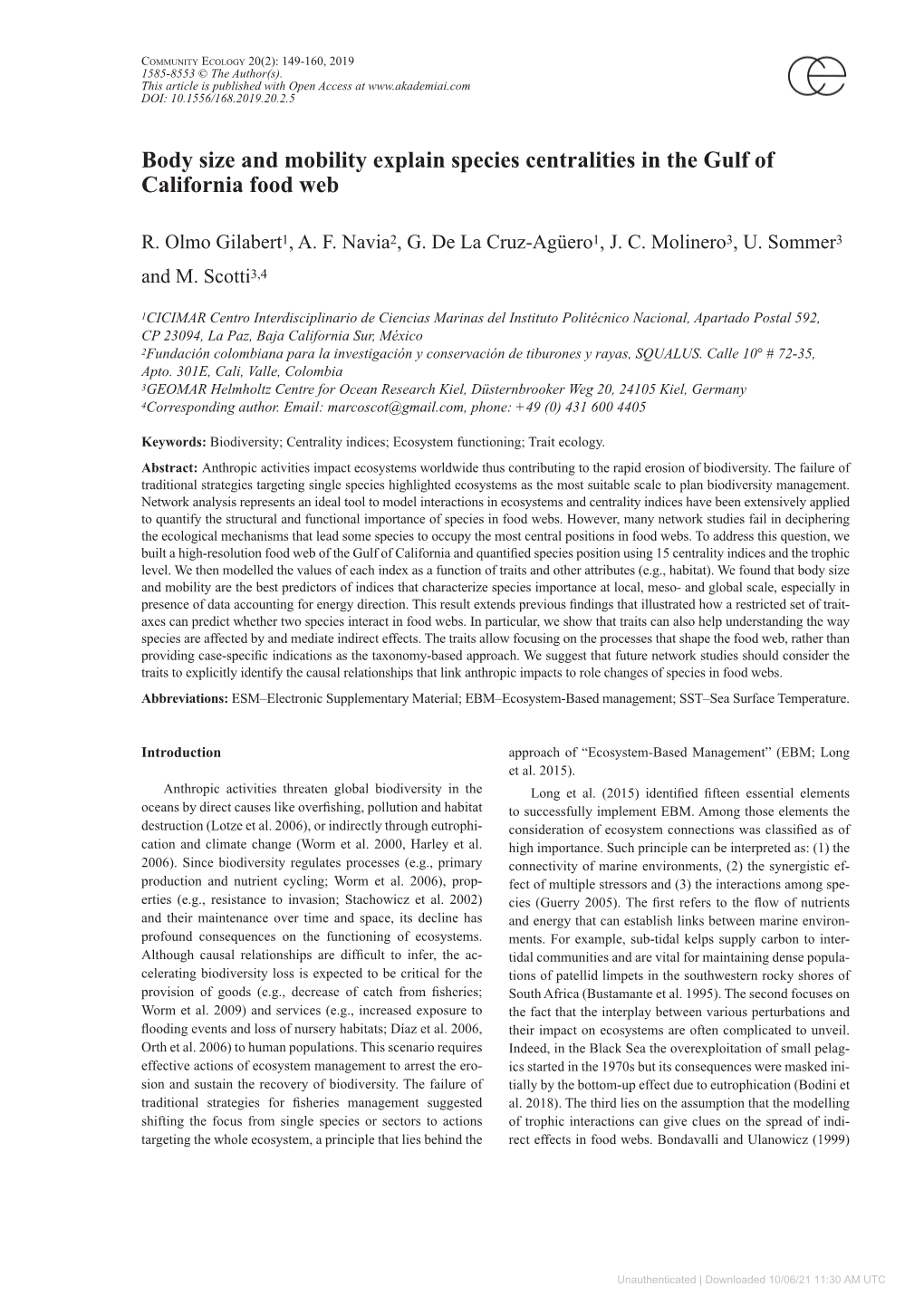 Body Size and Mobility Explain Species Centralities in the Gulf of California Food Web