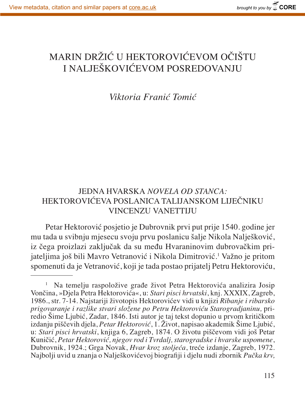 Marin Držić U Hektorovićevom Očištu I Nalješkovićevom Posredovanju