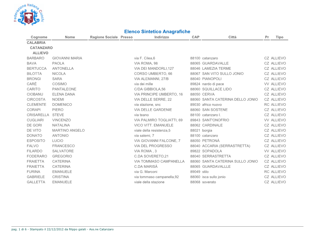 Elenco Sintetico Anagrafiche Cognome Nome Ragione Sociale Presso Indirizzo CAP Città Pr Tipo CALABRIA CATANZARO ALLIEVO BARBARO GIOVANNI MARIA Via F