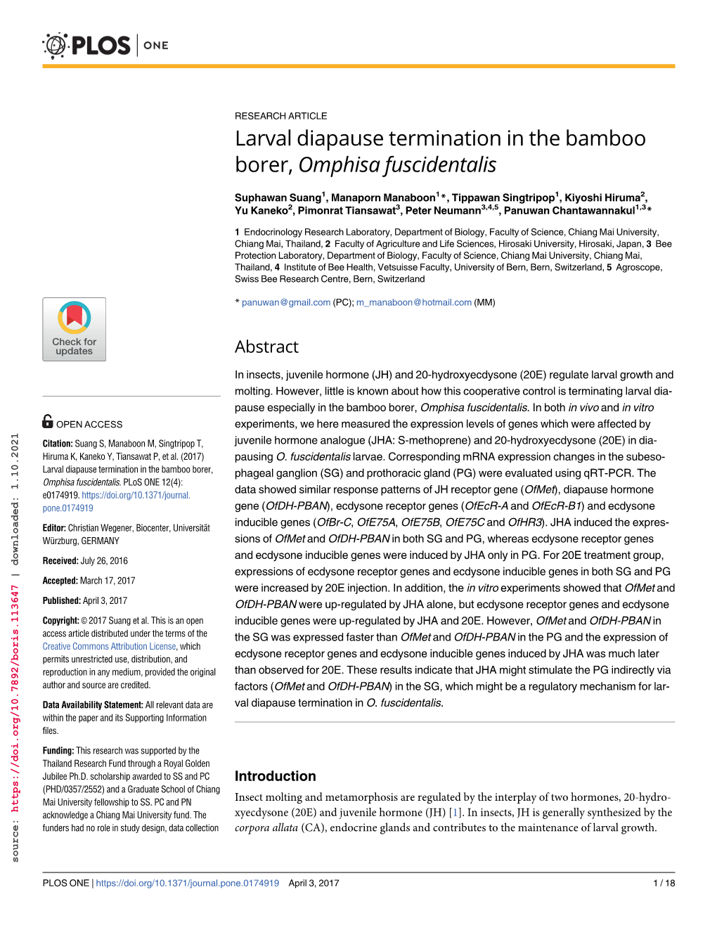 Larval Diapause Termination in the Bamboo Borer, Omphisa Fuscidentalis