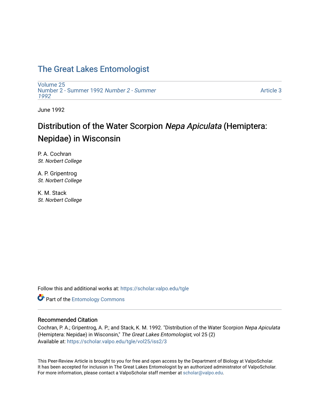 Distribution of the Water Scorpion Nepa Apiculata (Hemiptera: Nepidae) in Wisconsin
