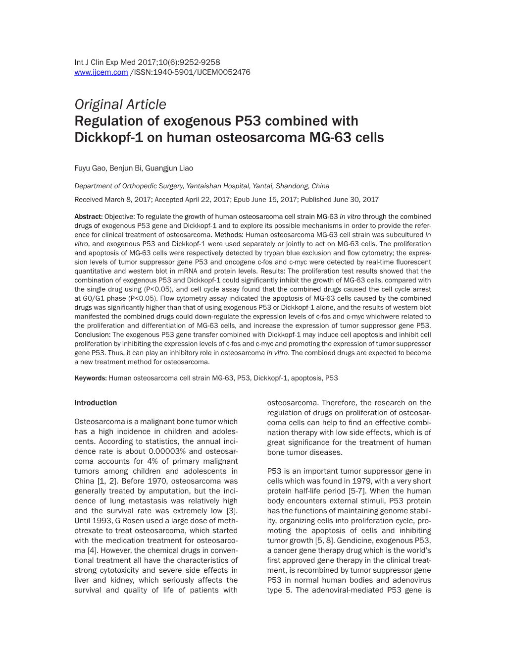 Original Article Regulation of Exogenous P53 Combined with Dickkopf-1 on Human Osteosarcoma MG-63 Cells