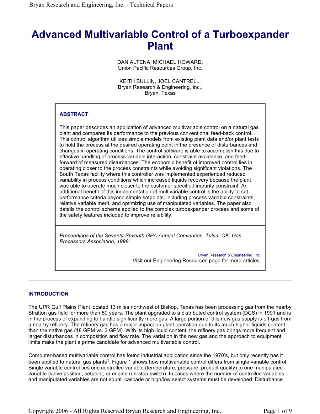 Advanced Multivariable Control of a Turboexpander Plant