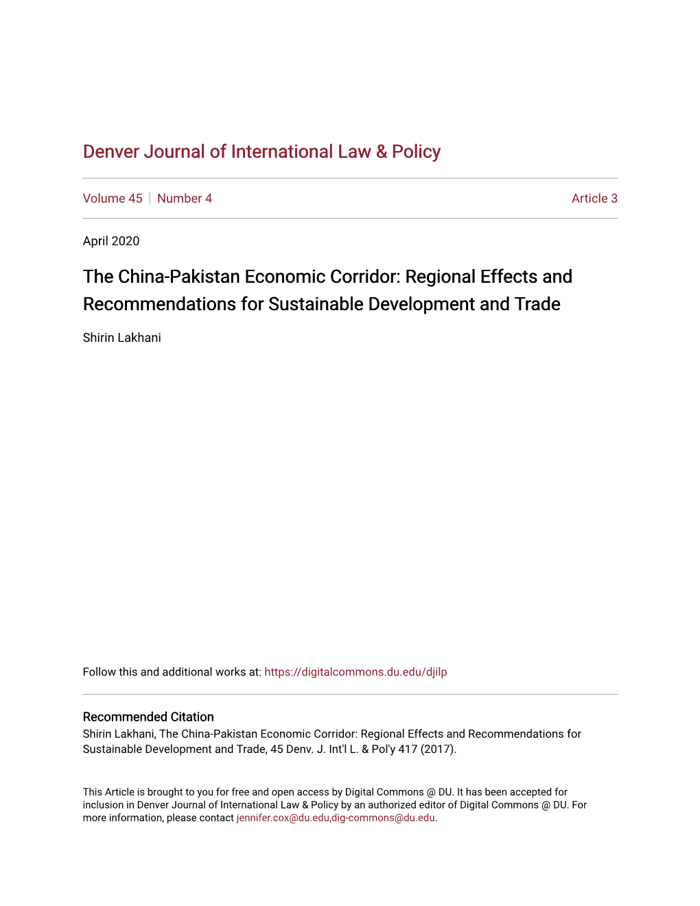 The China-Pakistan Economic Corridor: Regional Effects and Recommendations for Sustainable Development and Trade