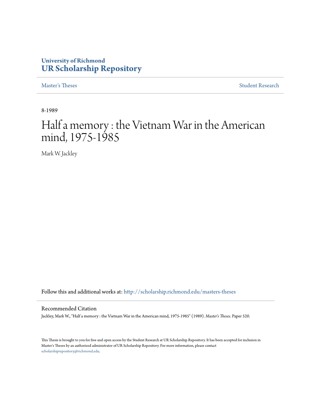 The Vietnam War in the American Mind, 1975-1985 Mark W