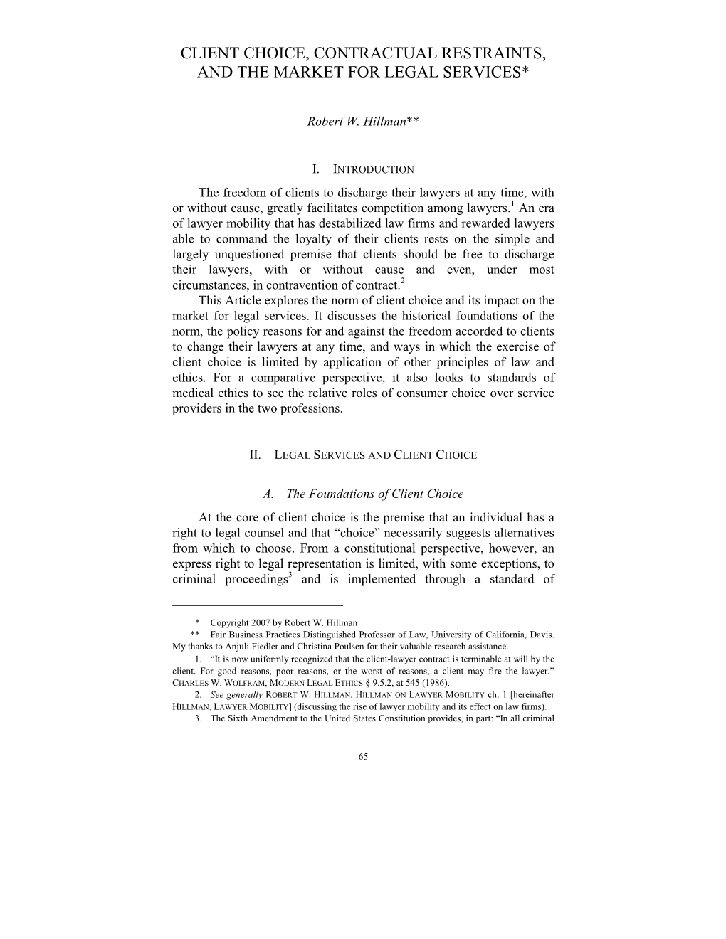 Client Choice, Contractual Restraints, and the Market for Legal Services*