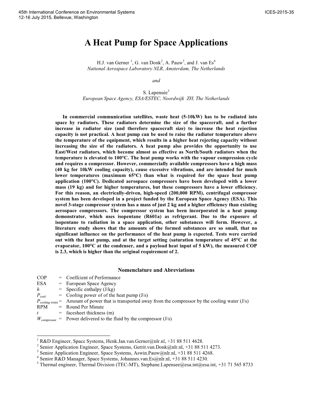 A Heat Pump for Space Applications