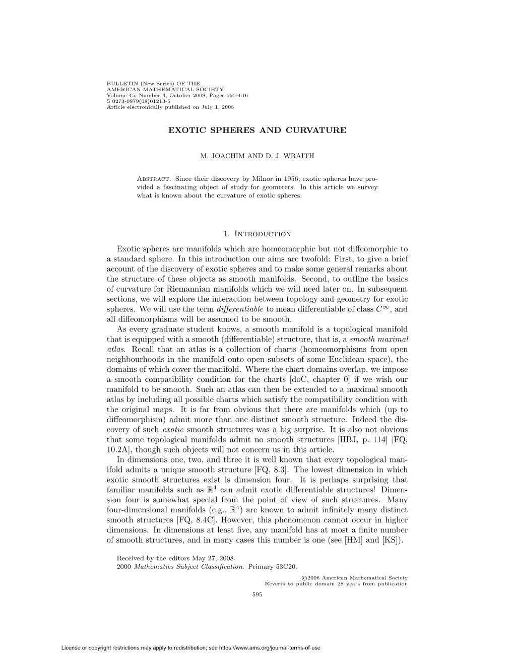 EXOTIC SPHERES and CURVATURE 1. Introduction Exotic