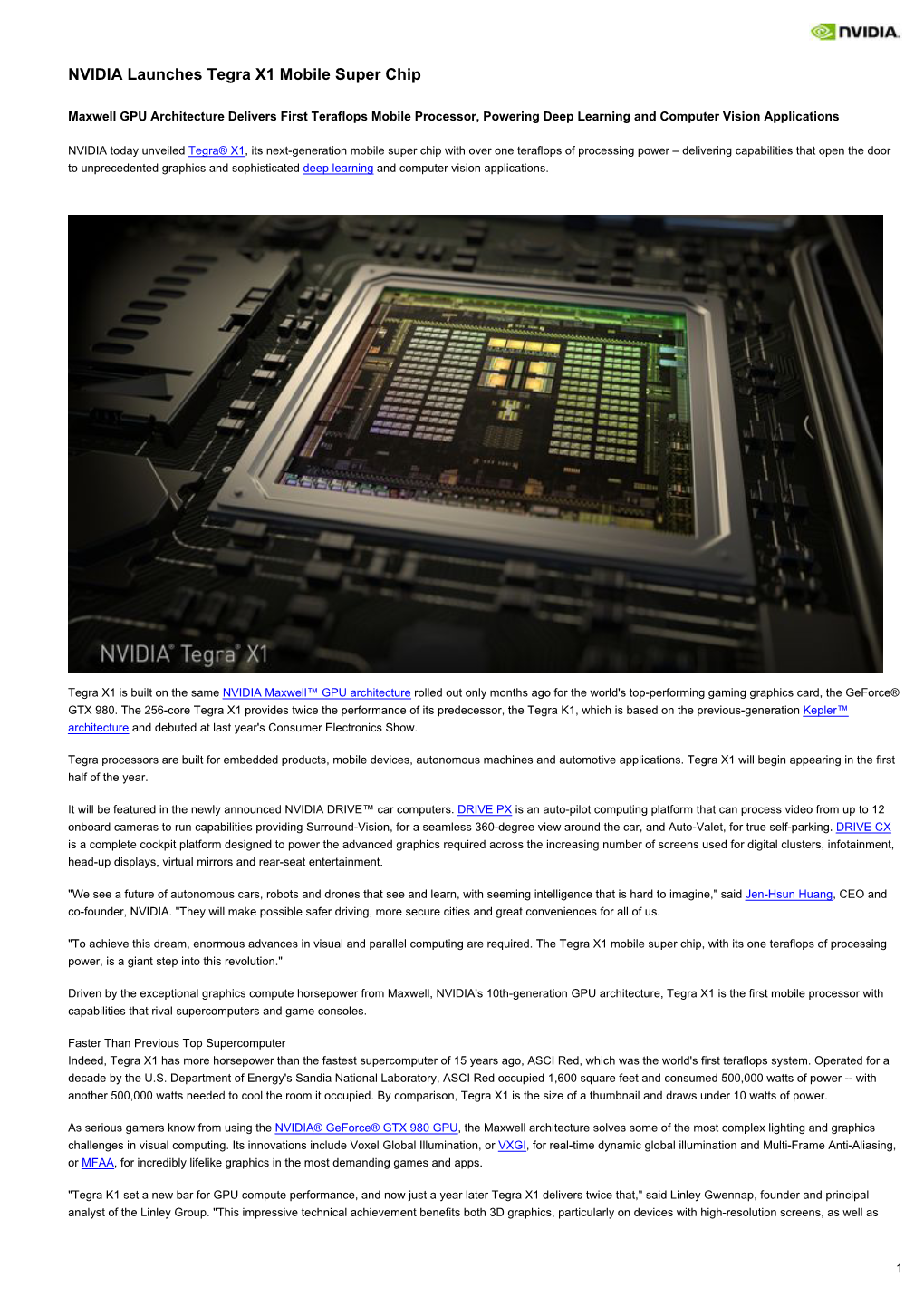 NVIDIA Launches Tegra X1 Mobile Super Chip