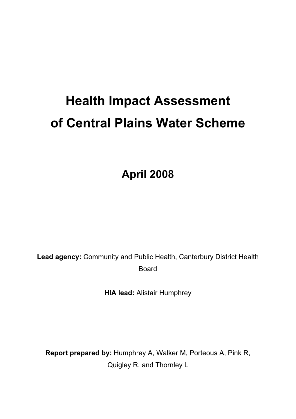 Health Impact Assessment of Central Plains Water Scheme