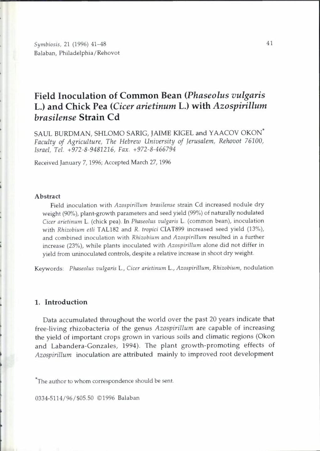 And Chick Pea (Cicer Arietinum L.) with Azospirillum Brasilense Strain Cd