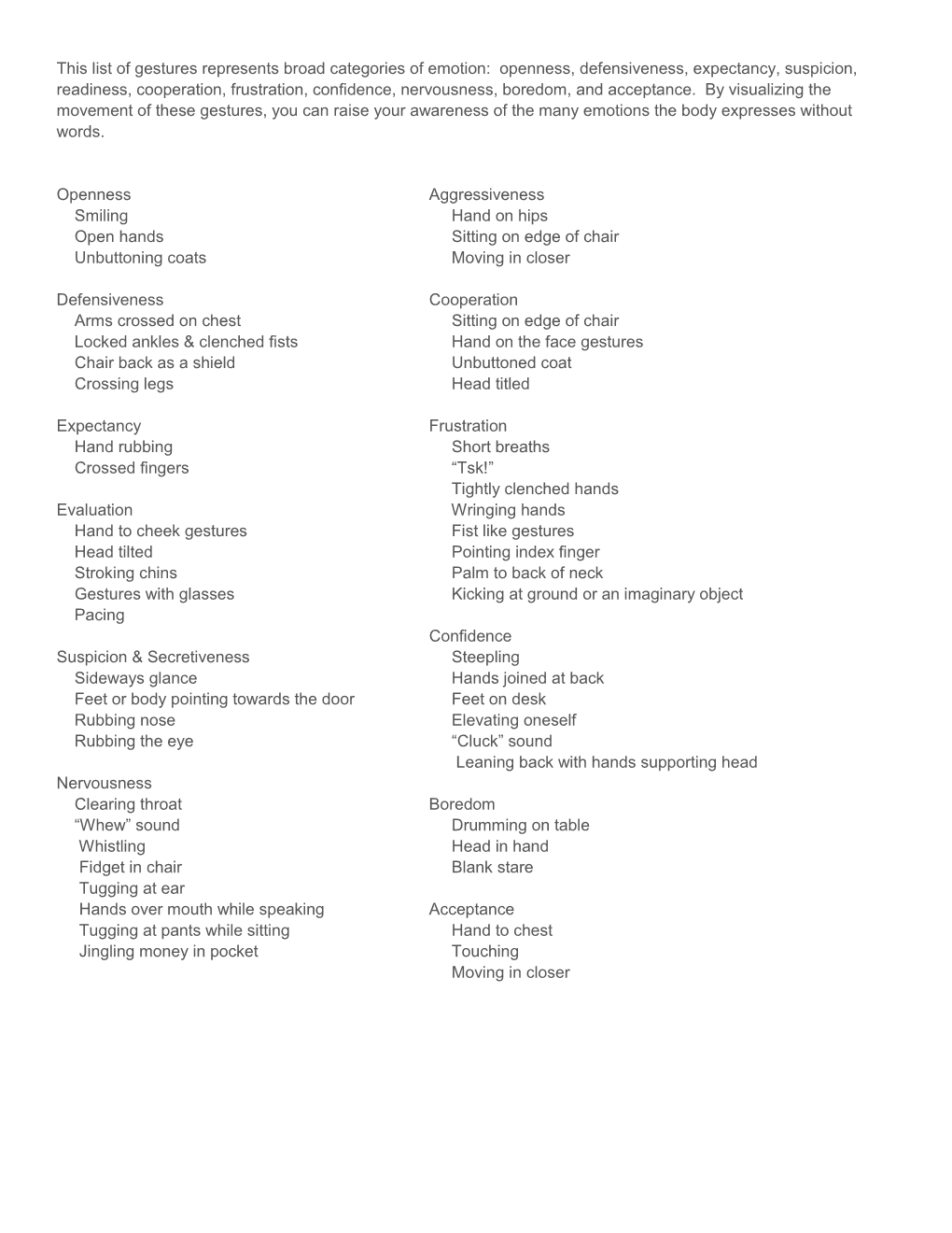 This List of Gestures Represents Broad Categories of Emotion: Openness